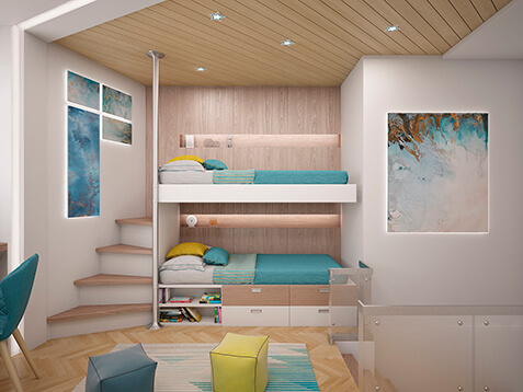 Интерьер детской комнаты в бежевых тонах с двухъярусной кроватью от дизайнеров фабрики элитной детской мебели VinsenT Kids