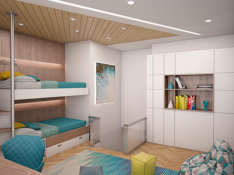 Интерьер детской комнаты с двухъярусной кроватью в светлых тонах от дизайнеров фабрики элитной детской мебели VinsenT Kids